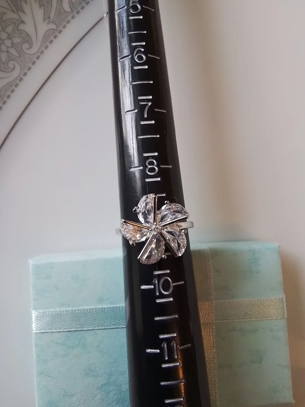 White Gold Plated Clear Crystal Flower Ring Set, Size 9 - Picture 4 of 5